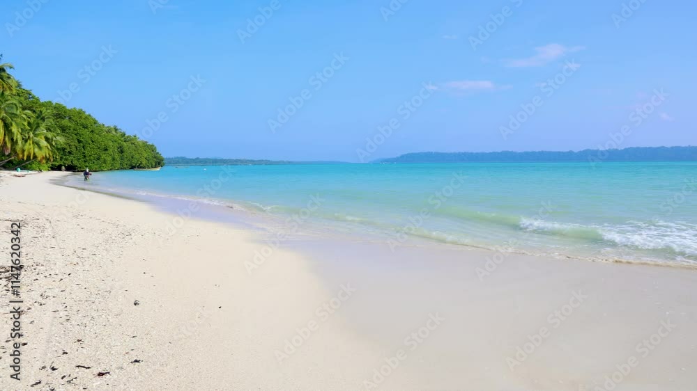 pristine white sand beach with rolling waves and bright blue sky pristine white sand beach with rolling waves and bright blue sky