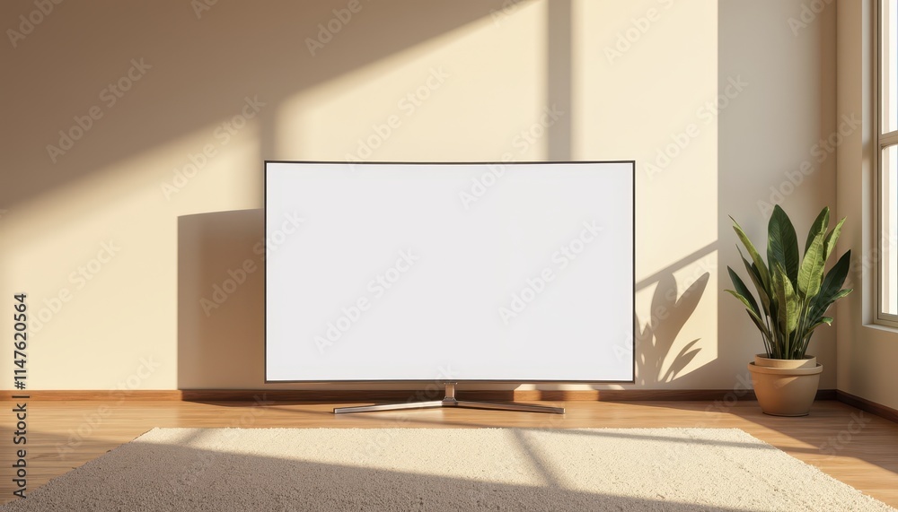 A modern, curved TV mockup is displayed in a minimalist living room with wooden flooring, a beige wall, and a potted plant. Sunlight streams through a window, casting shadows on the floor and wall A modern, curved TV mockup is displayed in a minimalist living room with wooden flooring, a beige wall, and a potted plant. Sunlight streams through a window, casting shadows on the floor and wall