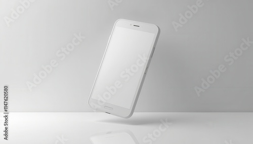 A white smartphone mockup floats against a light gray background, with a reflection on the surface below. Perfect for showcasing app designs or phone accessories in a sleek, modern style photo