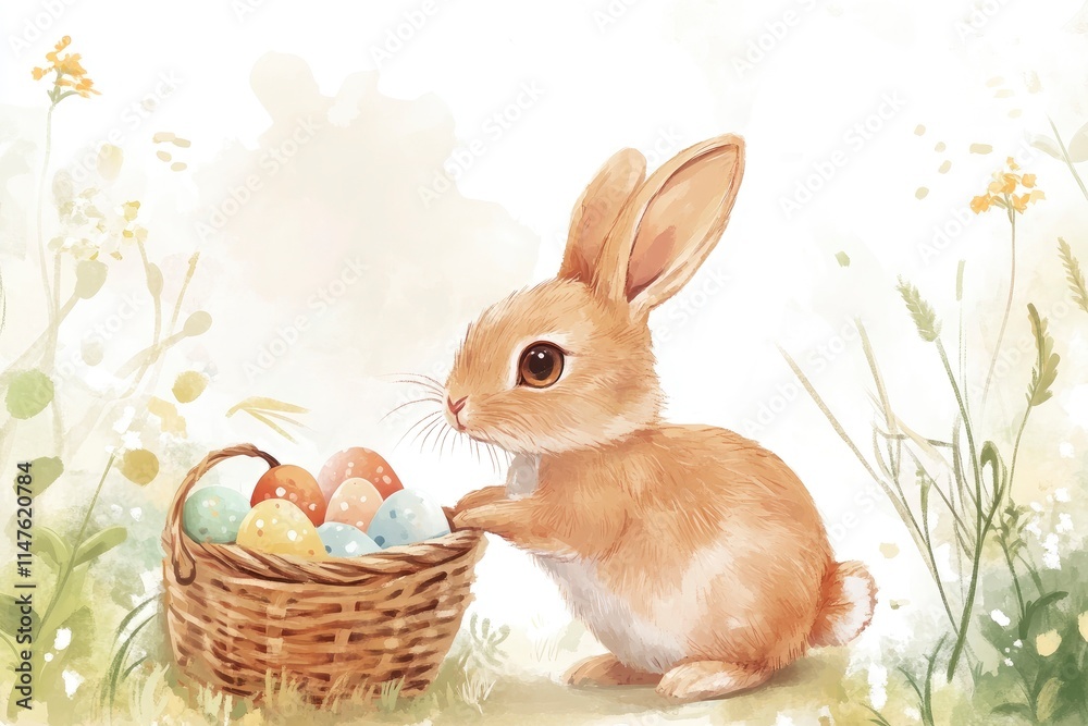 Side view of a cute little rabbit standing on white background There are baskets and Easter eggs. A cute action of a beautiful rabbit in a bright natural life. Easter Bunny Animal Concept 