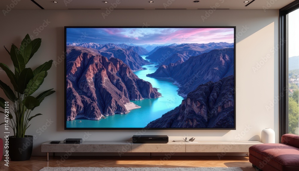 Fototapeta premium A modern living room features a large 3D TV displaying a stunning landscape of a winding river through rugged mountains. The vibrant colors and realistic depth make the scene captivating and immersive