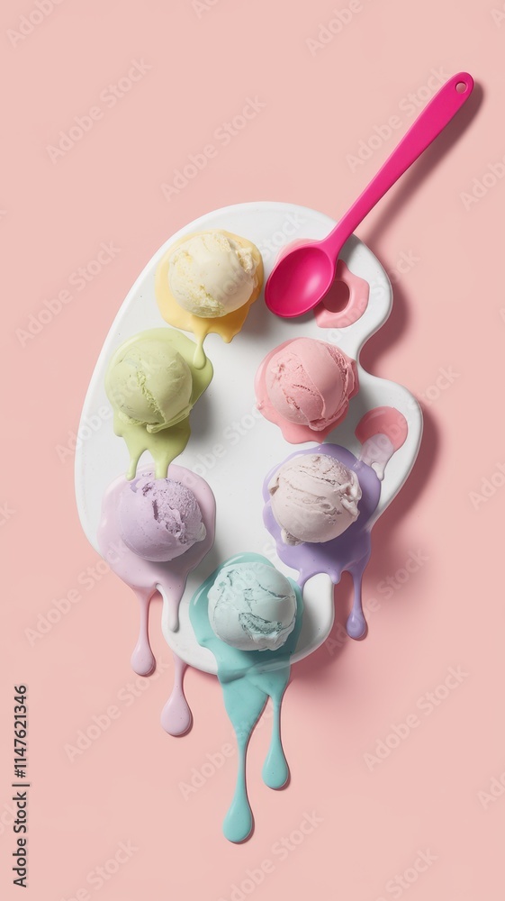 Heart Dish With Colorful Melting Ice Cream Scoops Heart Dish With Colorful Melting Ice Cream Scoops