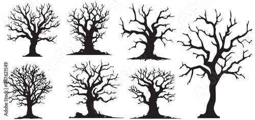 Dead Trees, Naked trees silhouettes isolated on white background