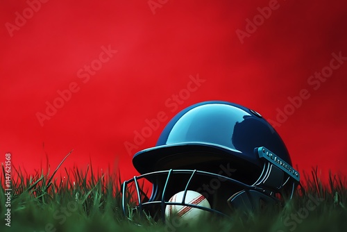 Cricket halmet and a ball on a green grass. Helmet protects batsman from fast balls which may otherwise cause harm to playing person. photo