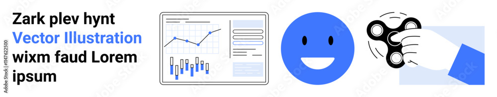 Chart with graphical data, happy face in blue circle, hand holding fidget spinner. Ideal for business analytics, data visualization, emotion expression, stress relief, productivity tools, focus Chart with graphical data, happy face in blue circle, hand holding fidget spinner. Ideal for business analytics, data visualization, emotion expression, stress relief, productivity tools, focus