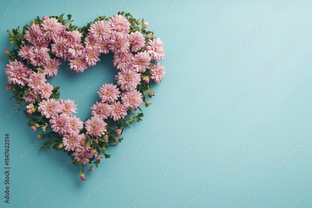 Sophisticated Mother's Day scene from top view, displaying fresh blooming chrysanthemums within a heart-shaped frame on a soft blue background, space for custom messages Sophisticated Mother's Day scene from top view, displaying fresh blooming chrysanthemums within a heart-shaped frame on a soft blue background, space for custom messages