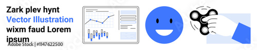 Chart with graphical data, happy face in blue circle, hand holding fidget spinner. Ideal for business analytics, data visualization, emotion expression, stress relief, productivity tools, focus