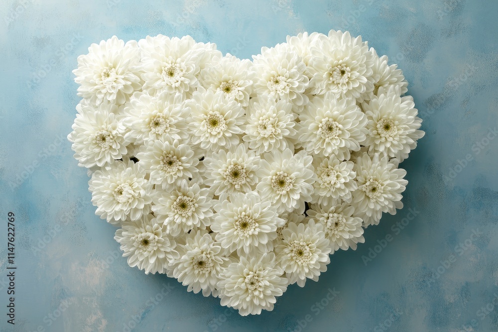 Sophisticated Mother's Day scene from top view, displaying fresh blooming chrysanthemums within a heart-shaped frame on a soft blue background, space for custom messages Sophisticated Mother's Day scene from top view, displaying fresh blooming chrysanthemums within a heart-shaped frame on a soft blue background, space for custom messages