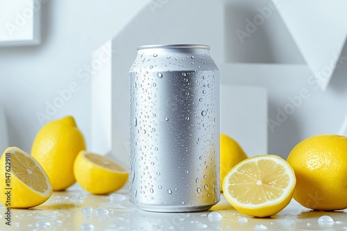 Blank aluminum can with a citrus background, featuring lemons, Perfect for branding mockups of beverages like soda, lemonades, or other citrus based drinks Refreshing photo