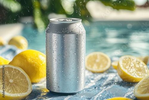 Blank aluminum can with a citrus background, featuring lemons, Perfect for branding mockups of beverages like soda, lemonades, or other citrus based drinks Refreshing photo