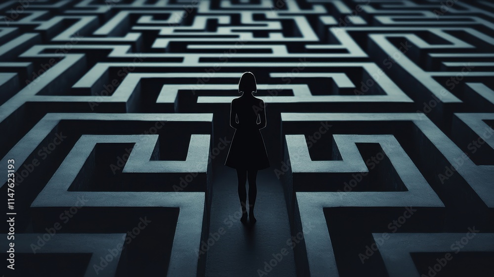 woman decide entrance dark maze concept. A solitary figure navigating a complex maze pattern. woman decide entrance dark maze concept. A solitary figure navigating a complex maze pattern.