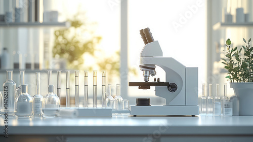 Microscope and test tubes on table in biological laboratory