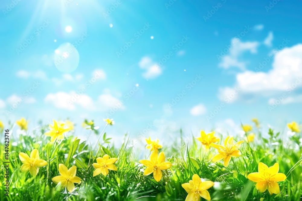 Fototapeta premium Spring background with yellow bloom blossoming under the blue sky 