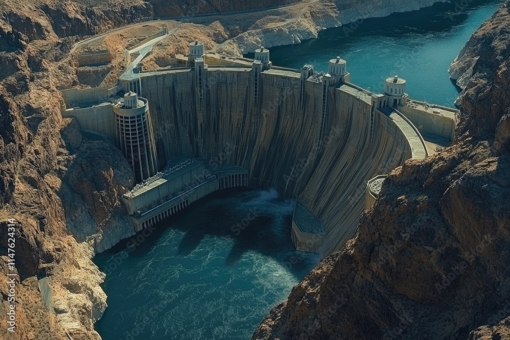 The Hoover Dam uses the Colorado River to create Lake Mead along the Nevada Arizona border. The Hoover Dam uses the Colorado River to create Lake Mead along the Nevada Arizona border.