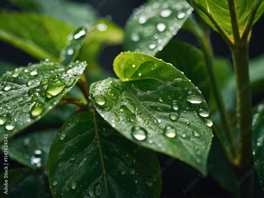 Fototapeta premium A close-up of fresh green leaves with water droplets, representing eco-friendly and sustainable themes