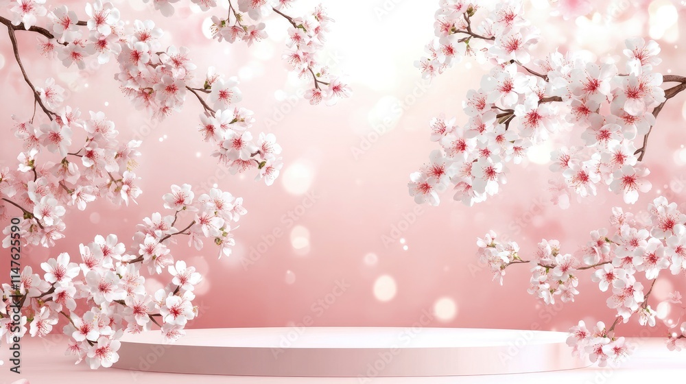 Spring background,Studio Room with 3D Podium Display with Cherry Blossoming on Pink Wall Background,Vector illustration backdrop Sakura flower frame border for Mother Day,Valentines,Easter Banner Spring background,Studio Room with 3D Podium Display with Cherry Blossoming on Pink Wall Background,Vector illustration backdrop Sakura flower frame border for Mother Day,Valentines,Easter Banner