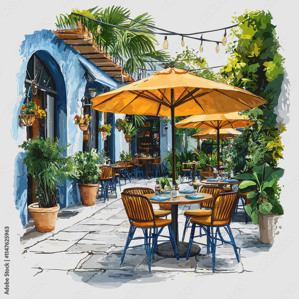 Fototapeta premium Charming Open Air Dining on a Cozy Patio with Tables and Chairs Surrounded by Lush Greenery, Perfect for Summer Gatherings and Al Fresco Meals in a Relaxing Atmosphere