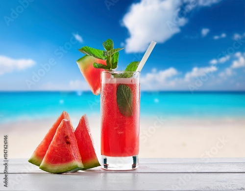 a healthy watermelon juice by the beach photo