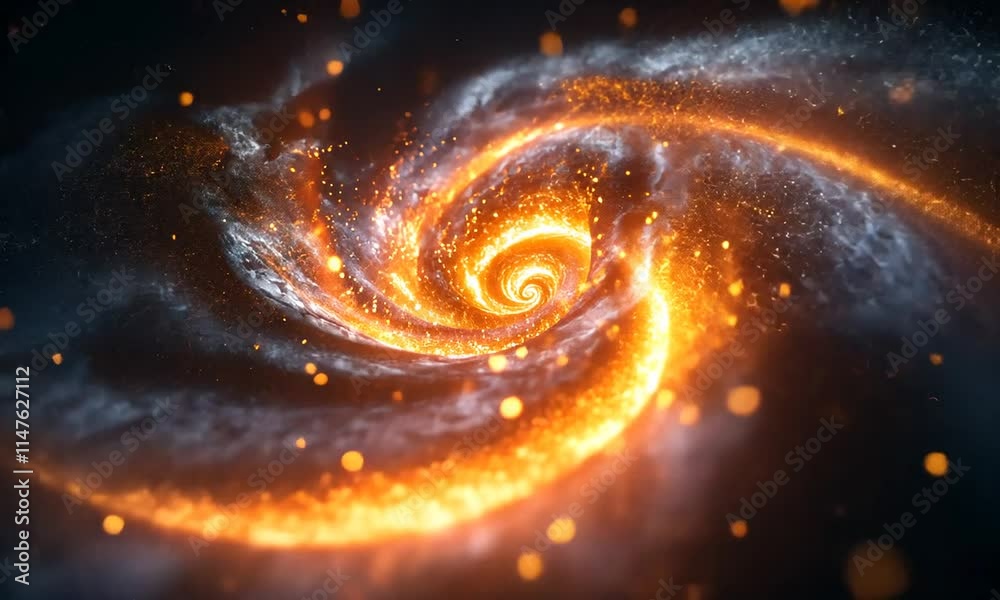 A vibrant spiral galaxy with glowing stars and cosmic dust.