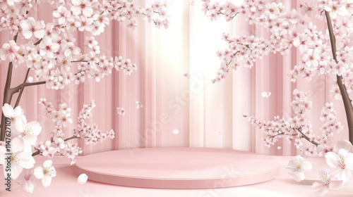 Spring background,Studio Room with 3D Podium Display with Cherry Blossoming on Pink Wall Background,Vector illustration backdrop Sakura flower frame border for Mother Day,Valentines,Easter Banner 