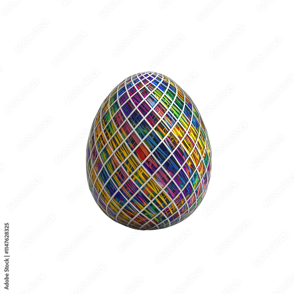 A colorful, patterned egg featuring a vibrant design of intersecting lines and hues.isolated on white background A colorful, patterned egg featuring a vibrant design of intersecting lines and hues.isolated on white background