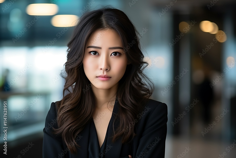 Confident young businesswoman with serious expression in modern office. Confident young businesswoman with serious expression in modern office.
