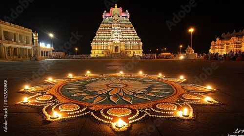 Illuminated temple at night with colorful rangoli and candles. photo