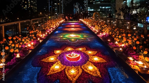 Illuminated walkway decorated with vibrant floral patterns and candles at night. photo