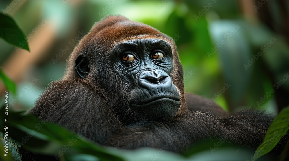 Fototapeta premium Close-up portrait of a Western lowland gorilla in lush green foliage.