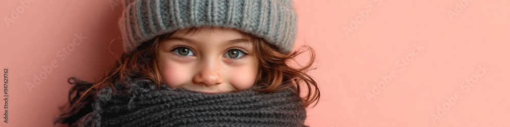 Adorable Child Winter Fashion Knit Hat, Scarf, Pink Background Adorable Child Winter Fashion Knit Hat, Scarf, Pink Background