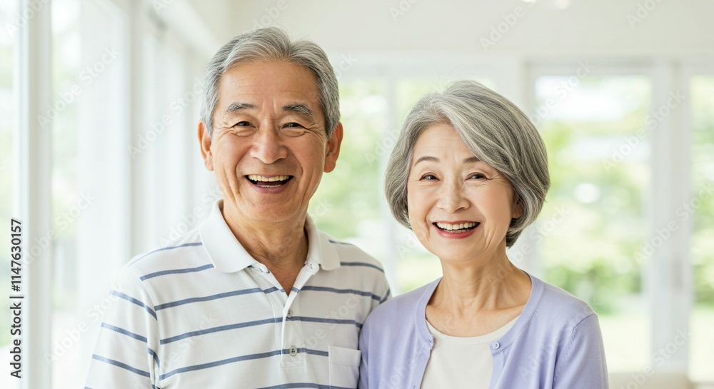 Happy Elderly Japanese Couple Smiling in a Bright and Peaceful Home Setting Happy Elderly Japanese Couple Smiling in a Bright and Peaceful Home Setting