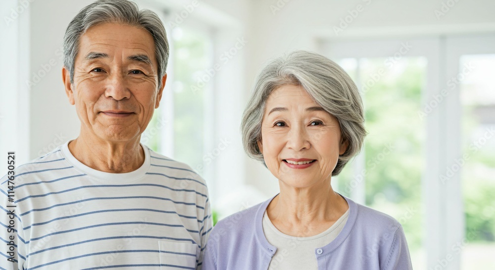 Happy Elderly Japanese Couple Smiling in a Bright and Peaceful Home Setting Happy Elderly Japanese Couple Smiling in a Bright and Peaceful Home Setting