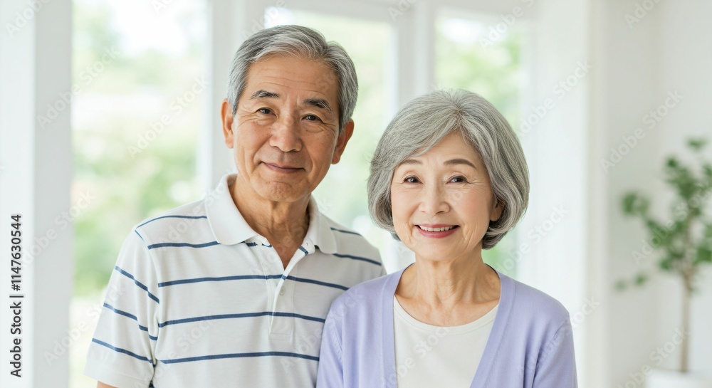 Obraz premium Happy Elderly Japanese Couple Smiling in a Bright and Peaceful Home Setting
