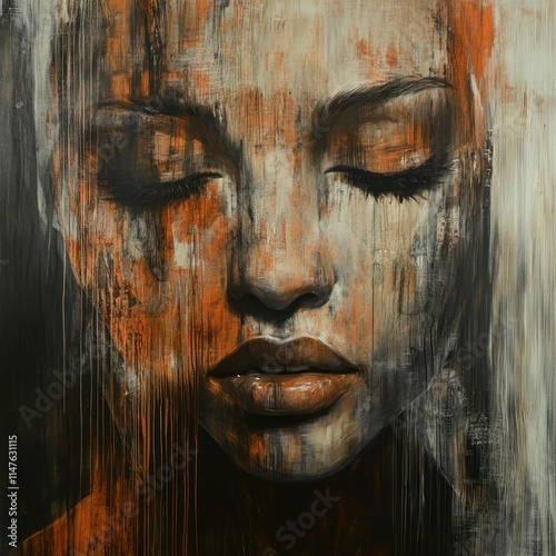 Abstract portrait of a woman with closed eyes, painted in shades of orange, brown, and black.