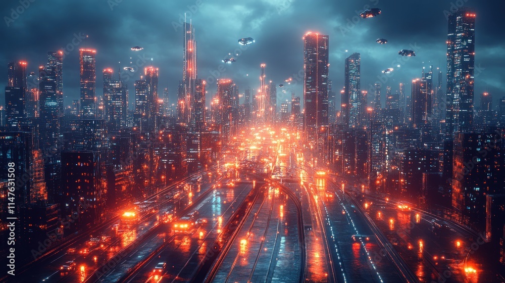 Obraz premium Futuristic city at night, flying cars, neon lights.