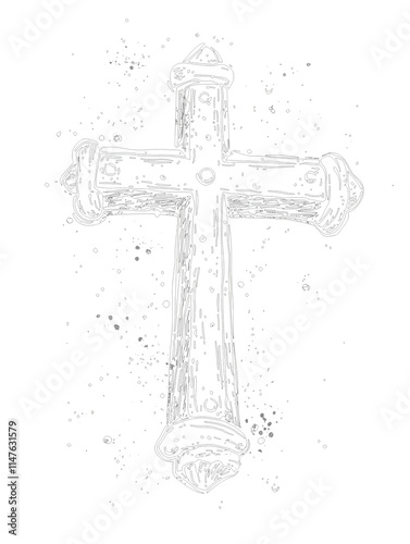 Hand-drawn Wooden Cross Design on a Black Background Featuring Intricate Details