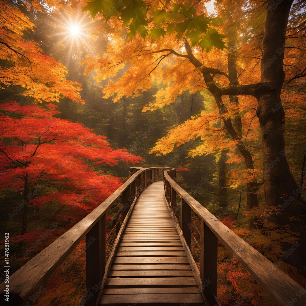 Obraz premium A wooden bridge covered with vibrant autumn maple leaves, set in a peaceful forest