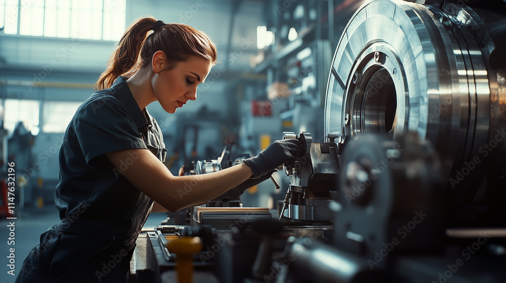 Woman operating machinery in industrial workshop Woman operating machinery in industrial workshop