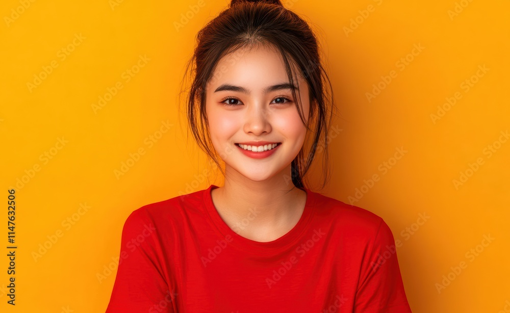 Smiling brightly in a yellow attire, a young woman radiates confidence and cheerfulness, showcasing a stylish and lively spirit. Smiling brightly in a yellow attire, a young woman radiates confidence and cheerfulness, showcasing a stylish and lively spirit.