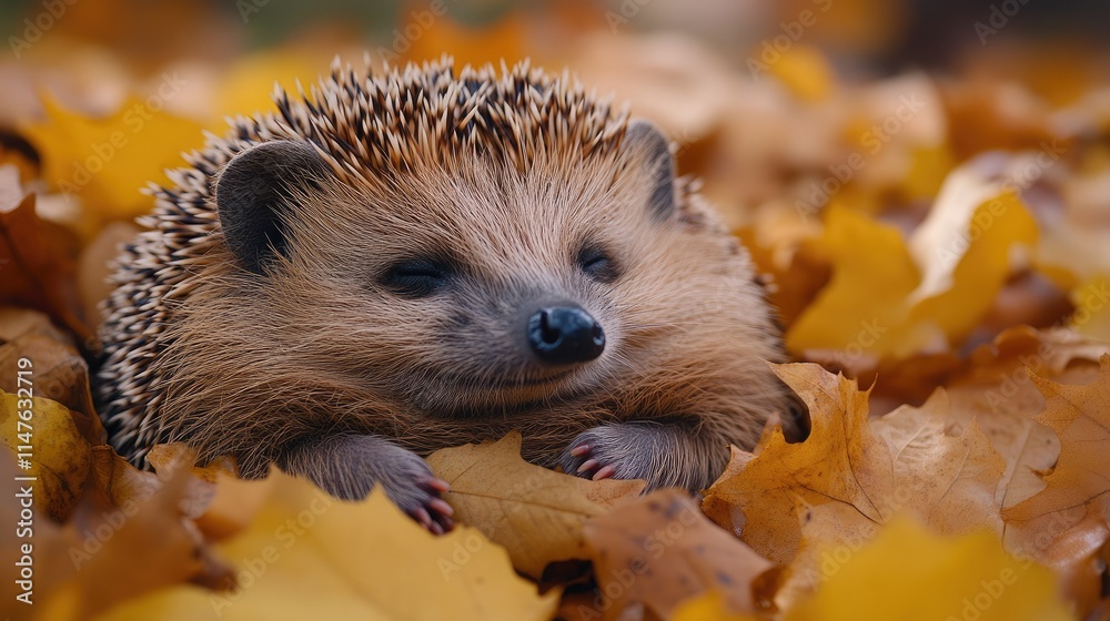 Fototapeta premium Cute hedgehog nestled in autumn leaves.