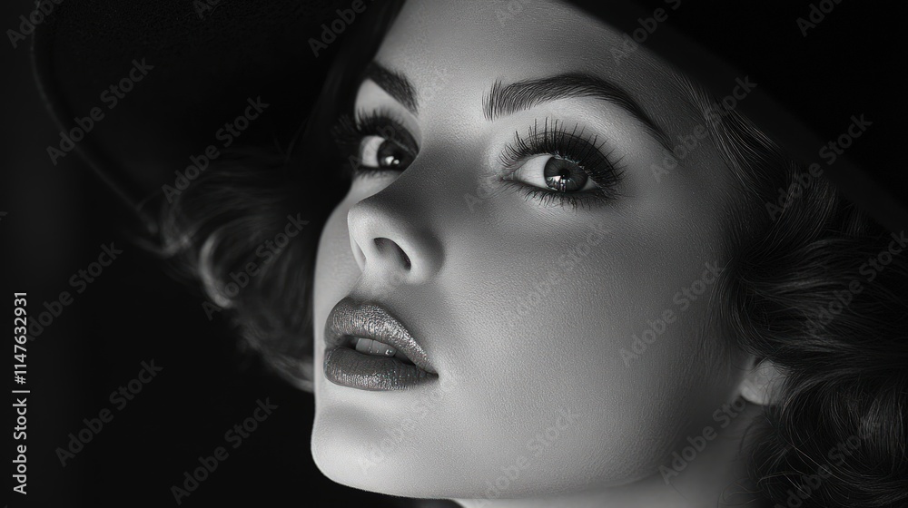 Close-up, monochrome portrait, woman, hat, glamorous. Close-up, monochrome portrait, woman, hat, glamorous.