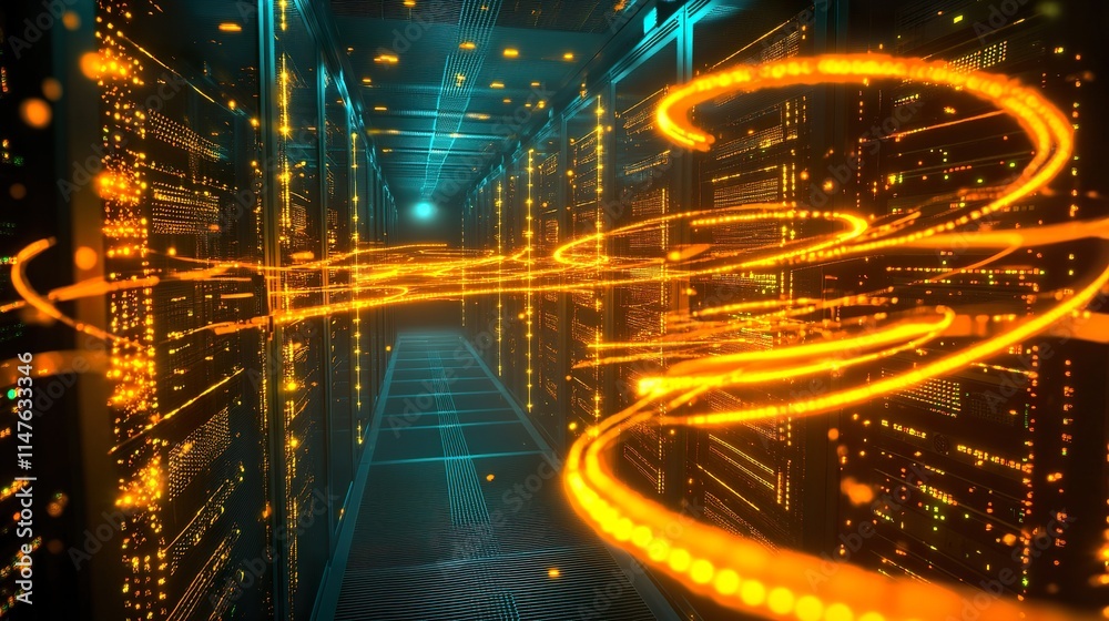 Data center server room with glowing orange digital trails illustrating data flow and network activity. Data center server room with glowing orange digital trails illustrating data flow and network activity.