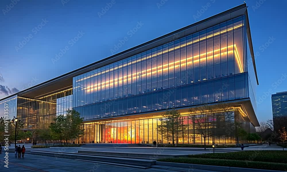Modern glass building illuminated at dusk, showcasing sleek design. Modern glass building illuminated at dusk, showcasing sleek design.