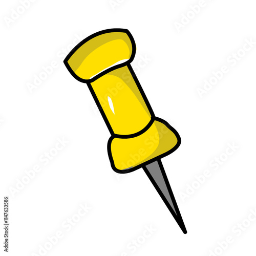 A simple, cartoon illustration of a yellow pushpin with a sharp, metallic point.