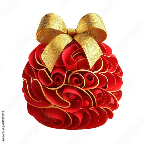 A vibrant red ornament adorned with intricate golden ribbon curls, showcasing a festive and decorative design.isolated on white background photo