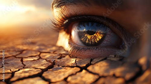 A fiery sunset reflected in an eye above cracked earth