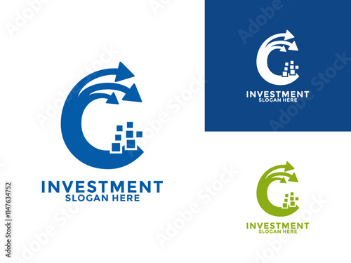 Initial Letter C with Arrow and digital dot logo design vector. Investment initial identity logo design template. Growth Up logo vector