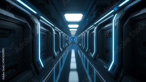 Futuristic spaceship corridor with glowing blue lights and metallic walls. (1)