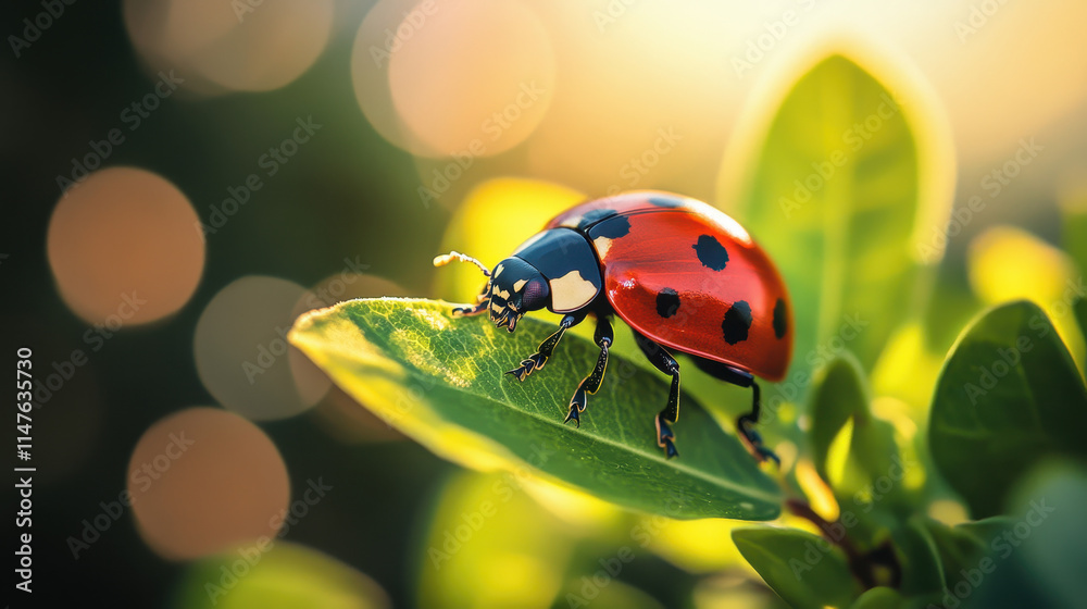 Naklejka premium A ladybug perched on a vibrant green leaf at sunset bathed in golden light
