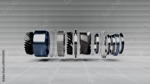 A close up of a mechanical part with a blue and silver color scheme. The part is made up of several pieces, including gears and bearings. Concept of complexity and precision